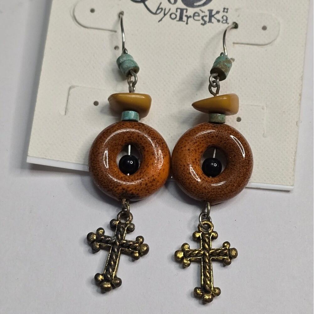 Treska Boho Cross Earrings Wood Turquoise Bronze Tone Dangle New - Picture 2 of 3